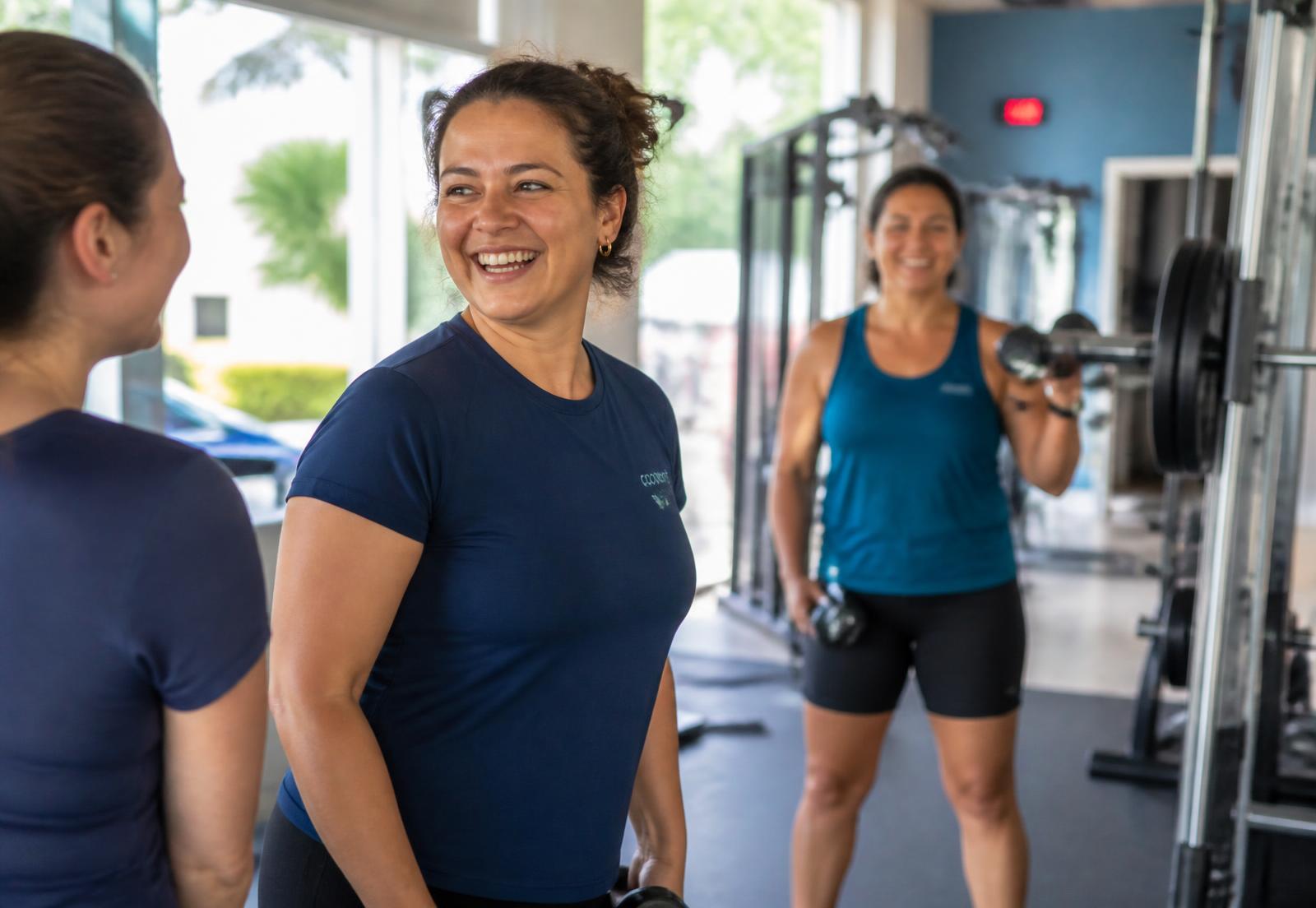 Alunas da Conexão Fit treinando juntas e sorrindo